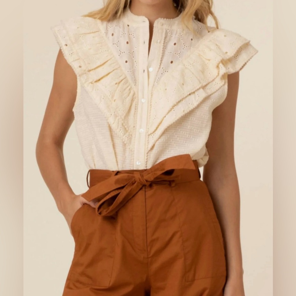 FRNCH Cream Ruffled Sleeveless Top